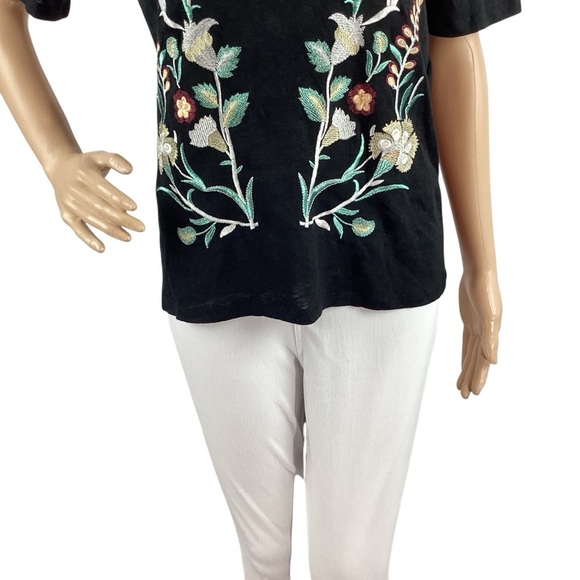 Maje Trinite Black Embroidered Linen T-Shirt Floral Mirror Stitch Size 1 (S) - Picture 3 of 7